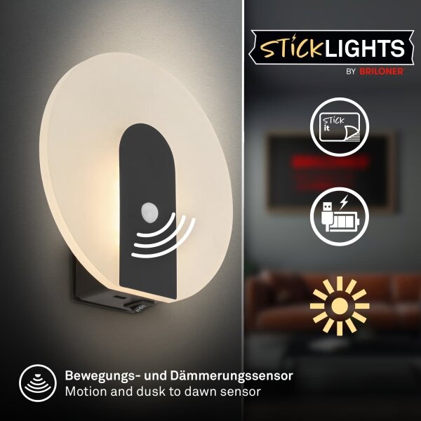 Briloner 3889015 - Lampada da parete LED ricaricabile con sensore TARO LED/2,5W/5V 1800 mAh nera