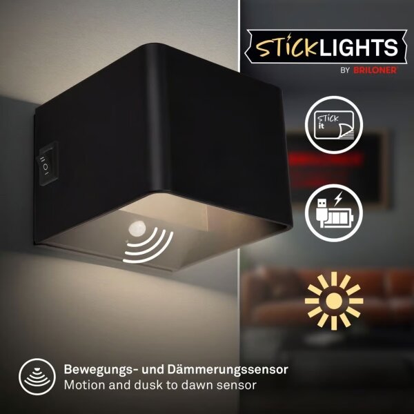 Briloner 3879015 - Lampada LED da parete ricaricabile con sensore BORRA, 1,5W/5V, batteria 3600 mAh, nera