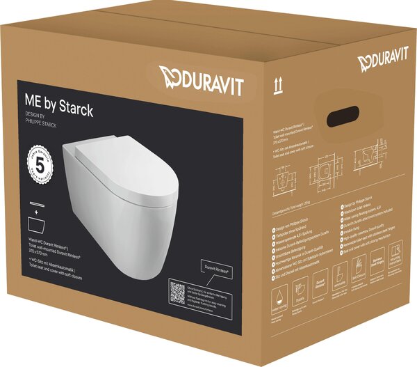 Ensemble WC suspendu Duravit ME by Starck, sans rebord, Durafix, abattant à fermeture douce, 570 mm, blanc ultra-brillant avec DuraShield, 452909AAA1, 452909AAA1
