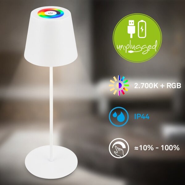 Briloner 7510016 - Lampada da tavolo LED RGBW CALIDA dimmerabile 2,5W/5V IP44 1200 mAh bianca