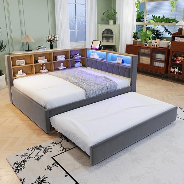 Divano letto 140 x 200 cm, con letto estraibile 90 x 190 cm, divano letto estendibile con luci LED e vani portaoggetti, in flanella, color grigio scuro (senza materasso)