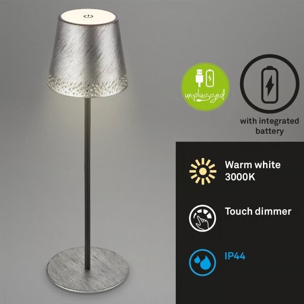 Brilo - Lampada da tavolo ricaricabile a LED a sfioramento KIKI, LED 2,6W/5V, IP44, batteria 2600 mAh, argento