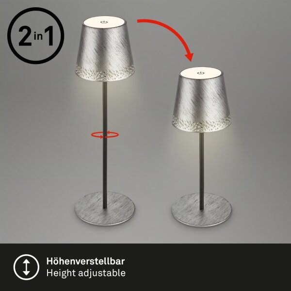 Brilo - Lampada da tavolo ricaricabile a LED a sfioramento KIKI, LED 2,6W/5V, IP44, batteria 2600 mAh, argento