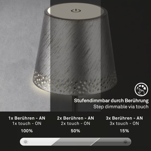 Brilo - Lampada da tavolo ricaricabile a LED a sfioramento KIKI, LED 2,6W/5V, IP44, batteria 2600 mAh, argento