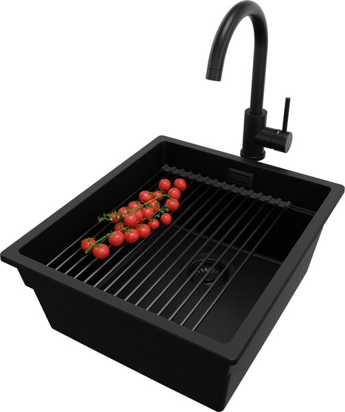 PRIMAGRAN Lavello da incasso in granito, colore nero, dimensioni 41x47 cm. Include: lavello con un vano, set di scarico e set di accessori per la cucina. Adatto per mobili sottolavello a partire da 45 cm di larghezza - Modello Praga