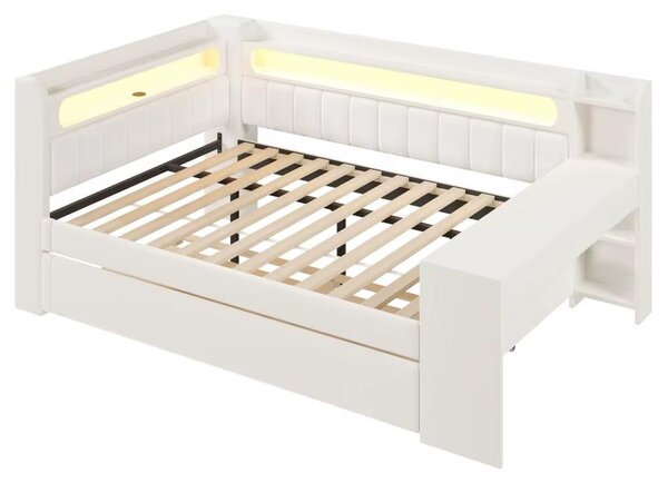 Divano letto imbottito per il giorno, con letto estraibile e scrivania integrata. Dotato di prese USB e barra luminosa LED. Dimensioni: 140 x 200 cm. Colore: bianco. Senza materasso