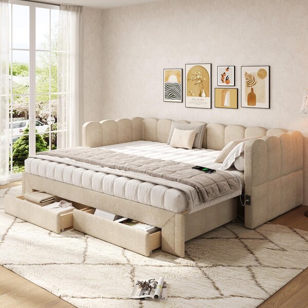 Letto da giorno 90x200 cm, estensibile a 180x200 cm, divano letto con 2 cassetti, USB/USB-C e spazio contenitore, beige, ciniglia
