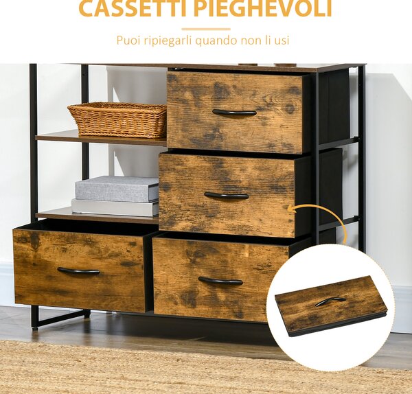 HOMCOM Cassettiera con 4 Cassetti in Tessuto Pieghevole e 2 Ripiani Aperti, in Stile Industriale, 84x30x71.5cm, Marrone | Aosom