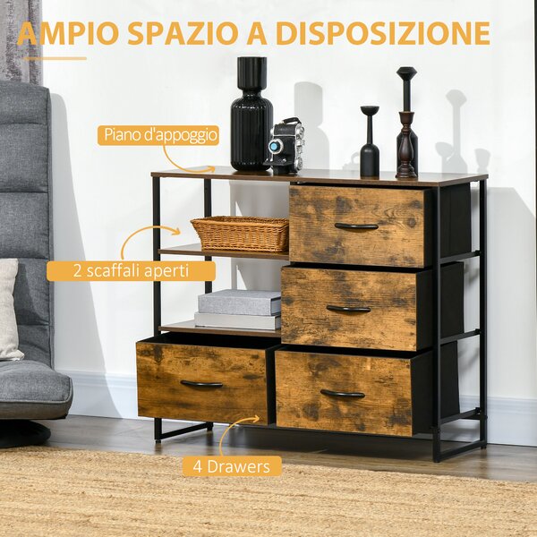 HOMCOM Cassettiera con 4 Cassetti in Tessuto Pieghevole e 2 Ripiani Aperti, in Stile Industriale, 84x30x71.5cm, Marrone | Aosom