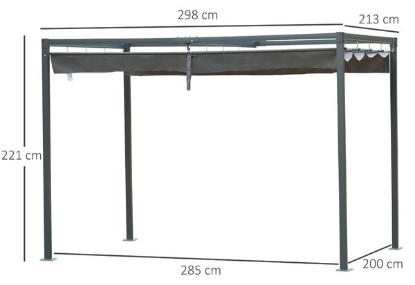Outsunny Gazebo Pergola con Telo Scorrevole in Metallo e Poliestere, Filtra Raggi UV, per Esterni, 298 x 213 x 221 cm|Aosom