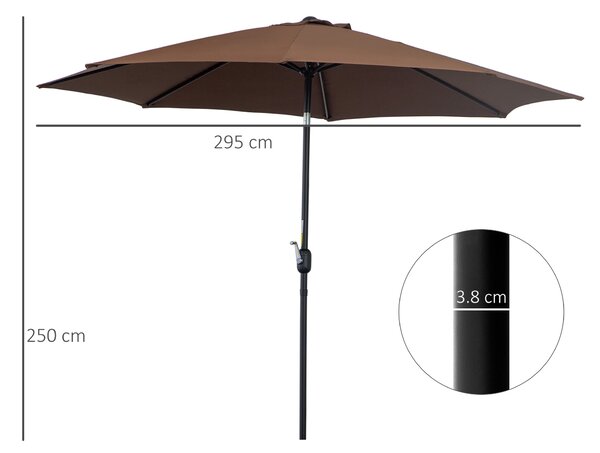 Outsunny Ombrellone da Giardino Φ2.95m Inclinabile con Manovella e Palo Centrale in Metallo Rimuovibile, Color Caffè | Aosom