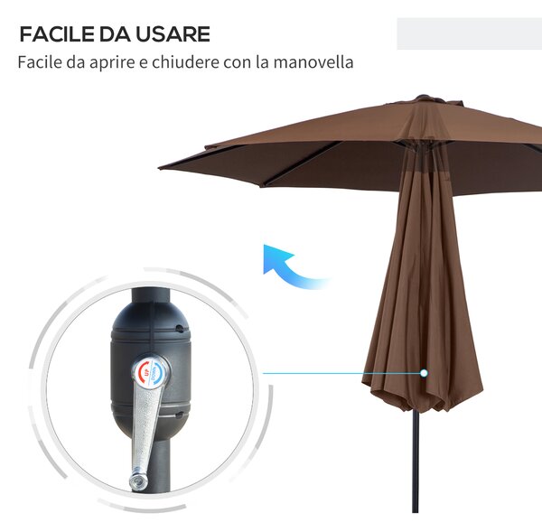 Outsunny Ombrellone da Giardino Φ2.95m Inclinabile con Manovella e Palo Centrale in Metallo Rimuovibile, Color Caffè | Aosom