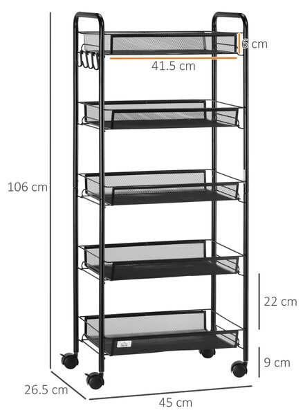 HOMCOM Carrello da Cucina Salvaspazio a 5 Livelli con Cestini a Rete in Acciaio, 45x26.5x106cm, Nero|Aosom