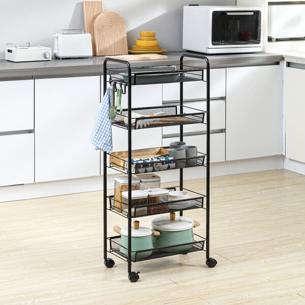HOMCOM Carrello da Cucina Salvaspazio a 5 Livelli con Cestini a Rete in Acciaio, 45x26.5x106cm, Nero|Aosom