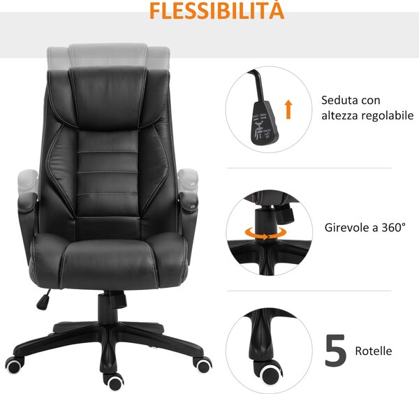 Vinsetto Poltrona Ufficio Massaggiante Ergonomica con Altezza Regolabile, Schienale Inclinabile, in Semilpelle, Nero | Aosom