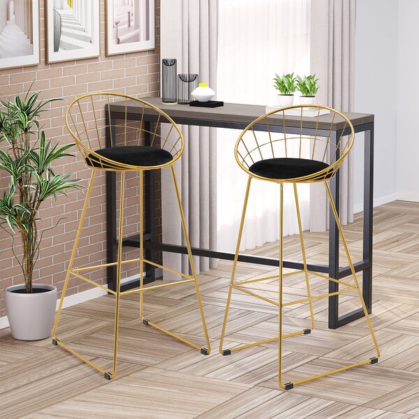 HOMCOM Set 2 Sgabelli da cucina e bar Alti con Schienale e Poggiapiedi, Cuscino in Velluto e Struttura in Metallo, Nero e Oro|Aosom| Aosom Italy