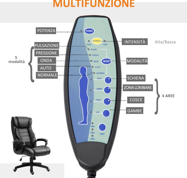 Vinsetto Poltrona Ufficio Massaggiante Ergonomica con Altezza Regolabile, Schienale Inclinabile, in Semilpelle, Nero | Aosom