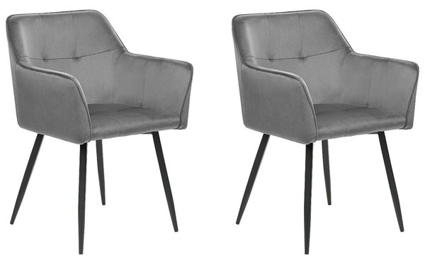Set di 2 sedie da pranzo con sedile imbottito in velluto grigio con  braccioli e gambe in metallo Nero Beliani