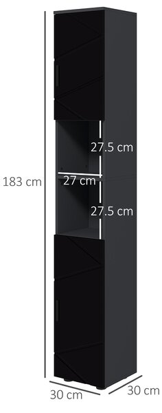 Kleankin Colonna Bagno in Truciolato con 2 Ripiani Aperti e 2 Armadietti a 2 Livelli, 30x30x183 cm, Nero e Grigio|Aosom