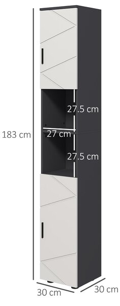Kleankin Colonna Bagno in Truciolato con 2 Ripiani Aperti e 2 Armadietti a 2 Livelli, 30x30x183 cm, Grigio|Aosom