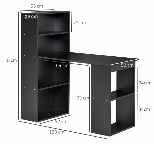 HOMCOM Scrivania PC in Legno con 6 Ripiani Portaoggetti Laterali, 120x55x120 cm, Nero|Aosom