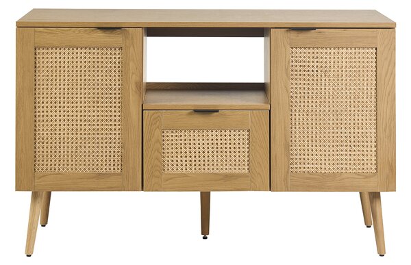 Mobiletto da bagno finitura legno chiaro, cannage in rattan e metallo nero L120 cm MANILLE