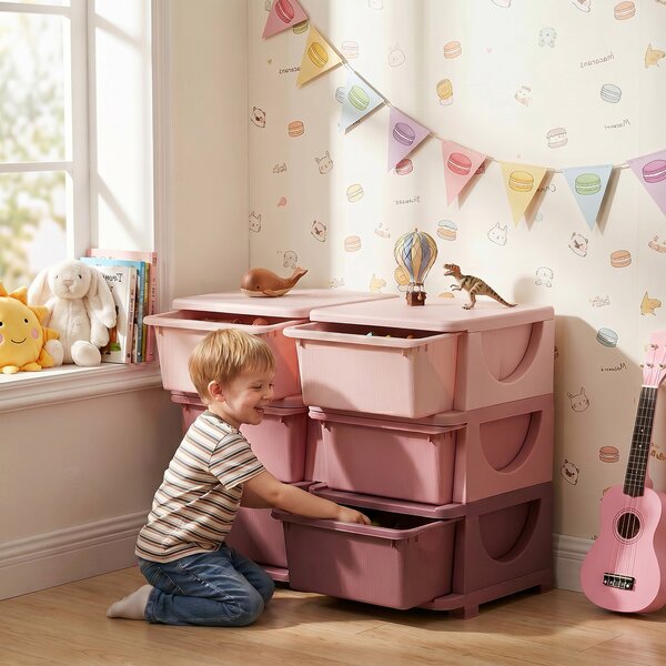 HOMCOM Cassettiera 6 Cassetti per Bambini 3-6 Anni con Bordi Arrotondati, in PP Rosa, 75x37x56.5 cm | Aosom Italy