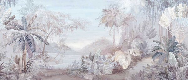 Carta da parati Pittura di un paesaggio con alberi e montagne, Carta da parati Natura, Carta da parati popolare, u67284v3 - Tapeko.it