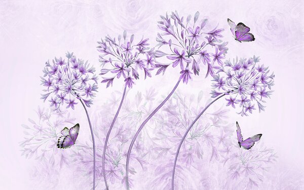 Carta da parati Fiori viola con farfalle, Carta da parati Floreale, Carta da parati popolare, u35495v3 - Tapeko.it