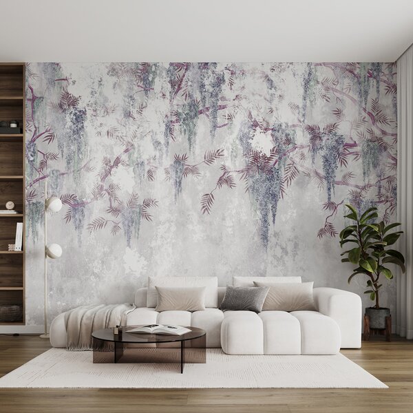 Carta da parati Rami grunge appesi di tendenza con fiori viola dai colori blu, Carta da parati Floreale, u73816v2 : Uwalls.it