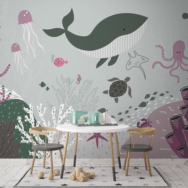 Carta da parati Una vita marina con una balena e un'alga, Carta da parati per Bambini, Carta da parati popolare, u93763v2 - Tapeko.it