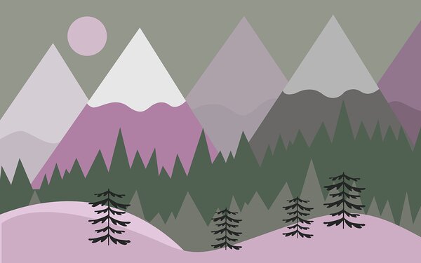 Carta da parati Un paesaggio montano con alberi e montagne, Carta da parati per Bambini, Carta da parati popolare, u93561v2 - Tapeko.it