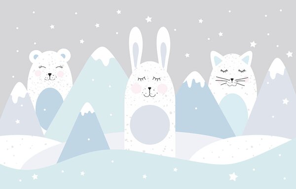 Carta da parati Un gruppo di animali in un paesaggio innevato, Carta da parati per Bambini, Carta da parati popolare, u98135v1 - Tapeko.it