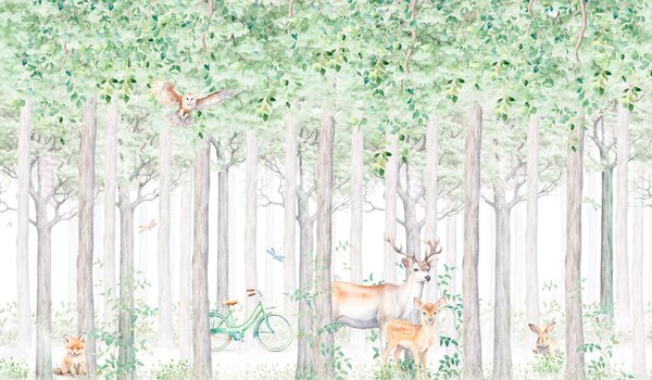 Carta da parati Un dipinto di animali in una foresta, Carta da parati Foresta, Carta da parati popolare, u97629v2 - Tapeko.it