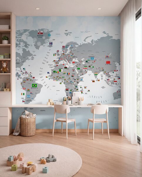 Carta da parati Mappa del mondo con bandiere, Carta da parati per Bambini, Carta da parati per Ragazzo, u72599 : Uwalls.it