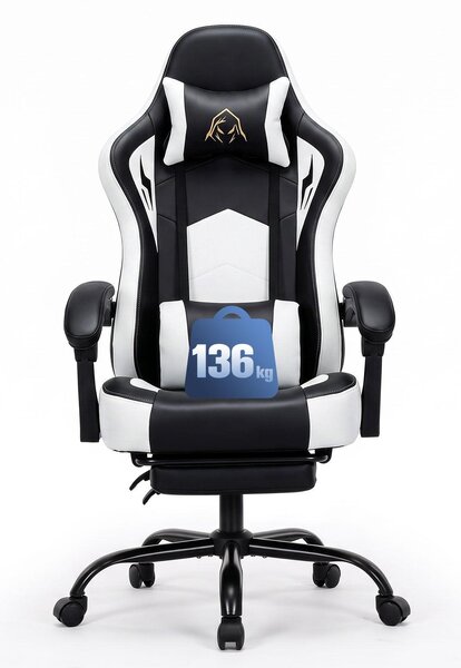 Sedia da gaming ergonomica extra larga in ecopelle, con poggiapiedi estraibile, schienale regolabile da 102° a 135°, cuscini per la testa e la zona lombare, portata massima di 136 kg, colore bianco