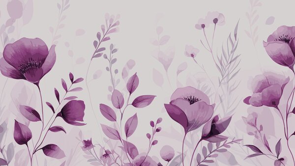 Carta da parati Fiori e foglie viola su sfondo bianco, Carta da parati Fiori grandi, Carta da parati popolare, u99558v2 - Tapeko.it