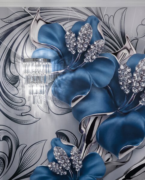 Carta da parati Orchidee blu tra riccioli, Composizioni floreali, Effetto 3D - Tapeko.it