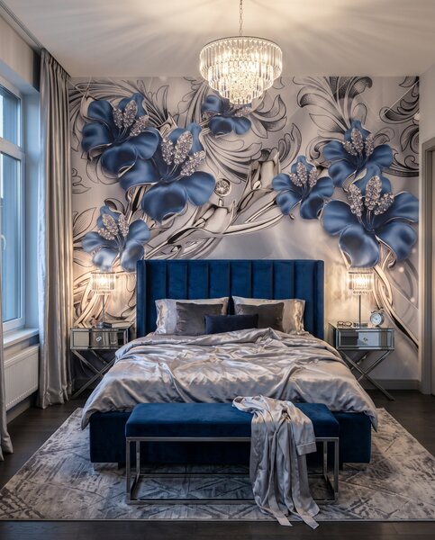 Carta da parati Orchidee blu tra riccioli, Composizioni floreali, Effetto 3D - Tapeko.it