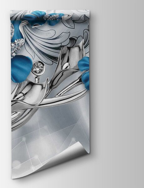 Carta da parati Orchidee blu tra riccioli, Composizioni floreali, Effetto 3D - Tapeko.it