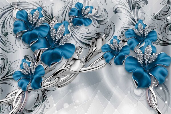 Carta da parati Orchidee blu tra riccioli, Composizioni floreali, Effetto 3D - Tapeko.it