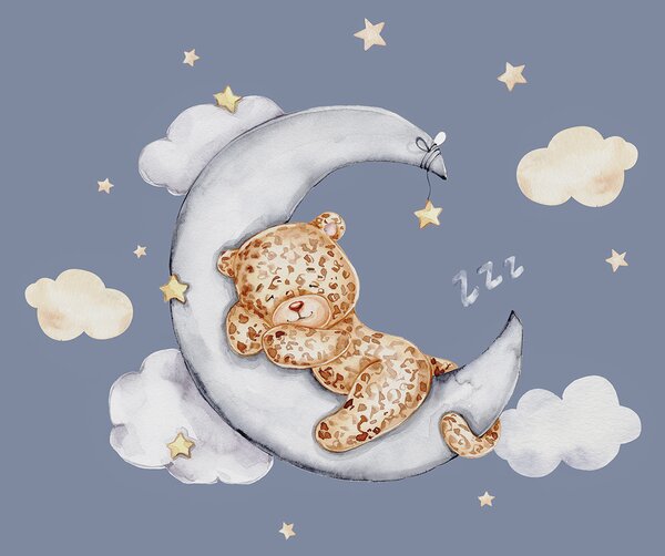 Carta da parati Un orsacchiotto che dorme sulla luna, Carta da parati Bebè per neonati, Carta da parati popolare, w00083v1 - Tapeko.it