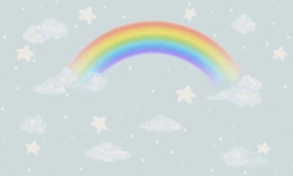 Carta da parati Arcobaleno e nuvole in cielo, Carta da parati per Bambini, Carta da parati popolare, w00013v1 - Tapeko.it