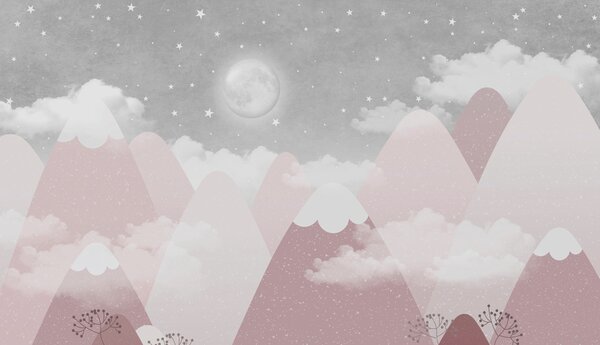 Carta da parati Luna sulle montagne innevate illustrazione per bambini, Carta da parati per Bambini, w00374 : Uwalls.it