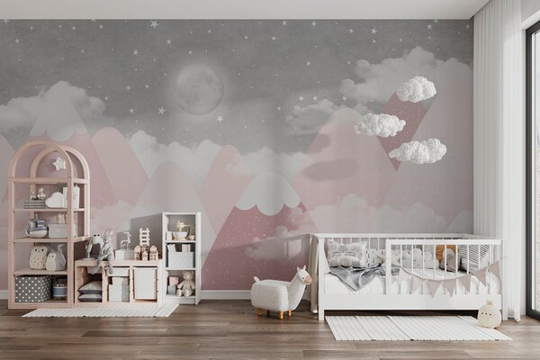 Carta da parati Luna sulle montagne innevate illustrazione per bambini, Carta da parati per Bambini, w00374 : Uwalls.it