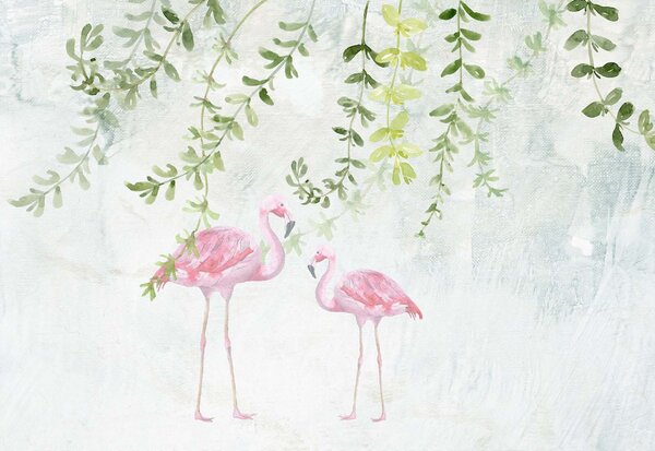 Carta da parati Due fenicotteri rosa con foglie verdi, Carta da parati animali, Carta da parati popolare, u19802 - Tapeko.it