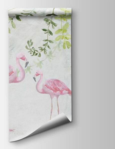 Carta da parati Due fenicotteri rosa con foglie verdi, Carta da parati animali, Carta da parati popolare, u19802 - Tapeko.it