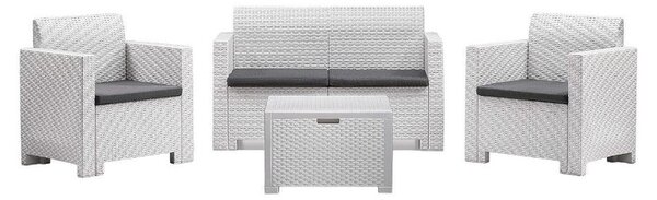 Salotto da esterno in rattan stampato 2 poltrone con tavolo e divano con 2 posti tavolino e cuscini Nebraska - Nero