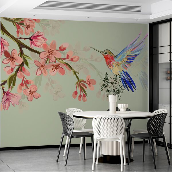 Carta da parati un ramo con fiori rosa e un uccello luminoso, Carta da parati Acquerello, w00693 : Uwalls.it