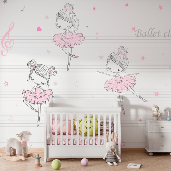 Carta da parati Un gruppo di ballerine rosa e bianche su note musicali, Carta da parati per Bambini, Carta da parati popolare, w00755 - Tapeko.it